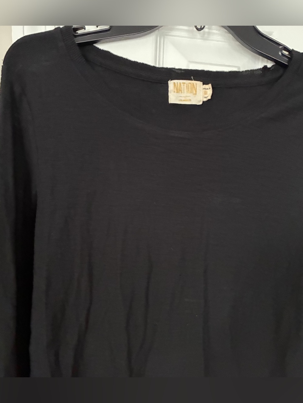 Nation Black LS Crewneck Tee. Ribbed Cuffs. Size Med. GUC Lightweight Cotton.